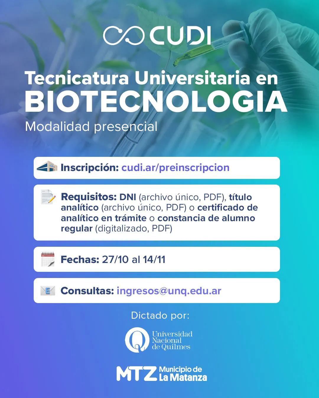La Matanza Abren las inscripciones para la Tecnicatura Universitaria en Biotecnología en el CUDI